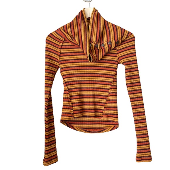 Free People Striped Cape Cod Cowl Neck Thermal Long Sleeve Shirt Top Orange XS - Picture 2 of 8